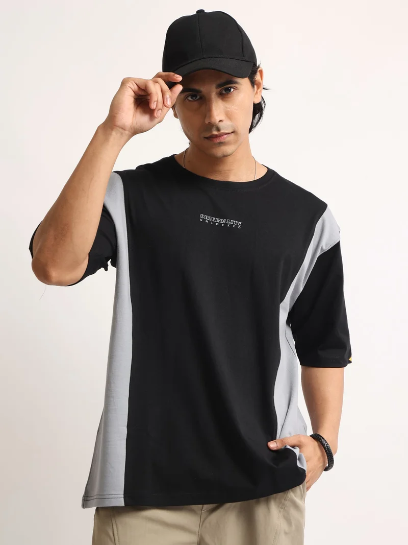 Maniac Maniac Mens Printed Round Neck Raglan Half Sleeve Black and White Cotton Tshirt