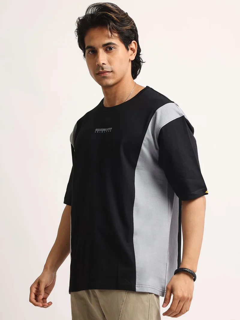 Maniac  Maniac Mens Printed Round Neck Raglan Half Sleeve Black and White Cotton Tshirt for Men | Best Price UAE