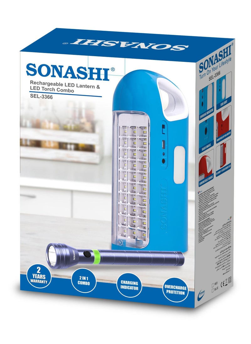 SONASHI - Rechargeable Emergency Lantern And LED Torch Combo with Solar Charge and Power Bank Function  Working Time  40 Hours (Bright Mode) with Overheat Protection  Best for Camping and Indoors SEL-3366 Blue - Image 1