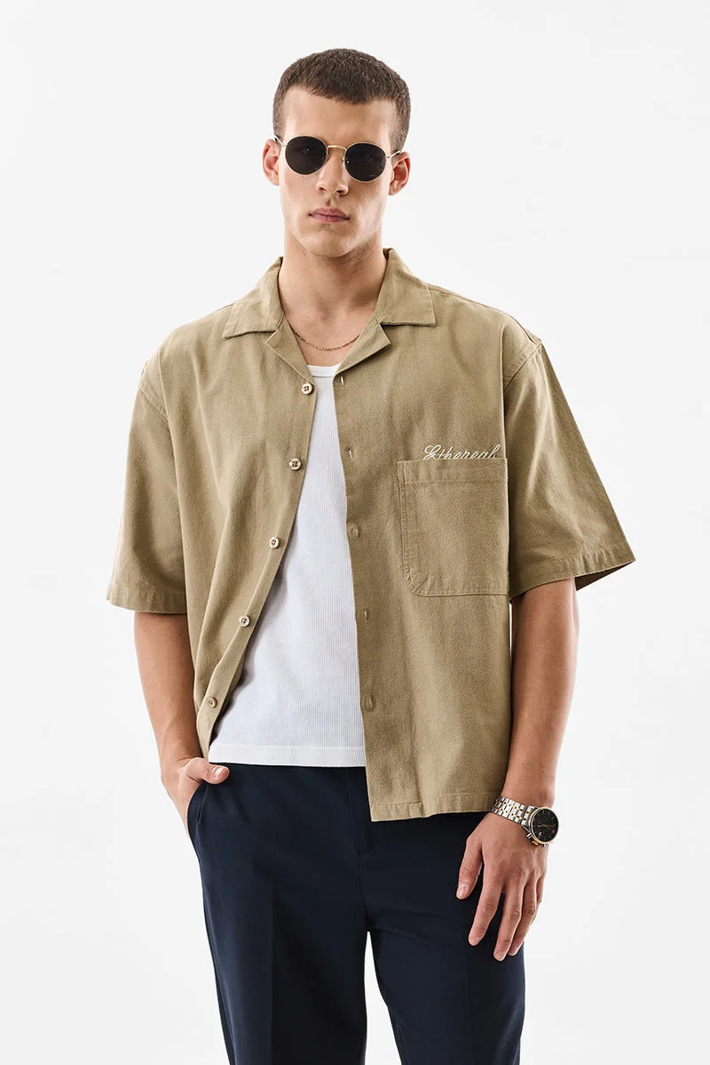 سنيتش Beige Solid Half Sleeve Boxy Shirt