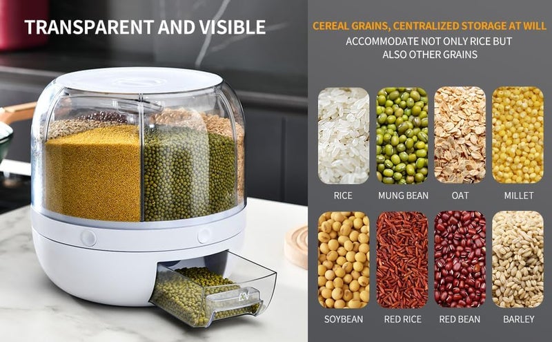 OTIPORTER 6-Grid 360°Rotation Cereal Dry Food Rice Grain Storage Dispenser Dry Food Storage Box 360° Rotating Grain Container for Home, Cereal Transparent Bucket, storage box (Pack Of 1) - Image 4