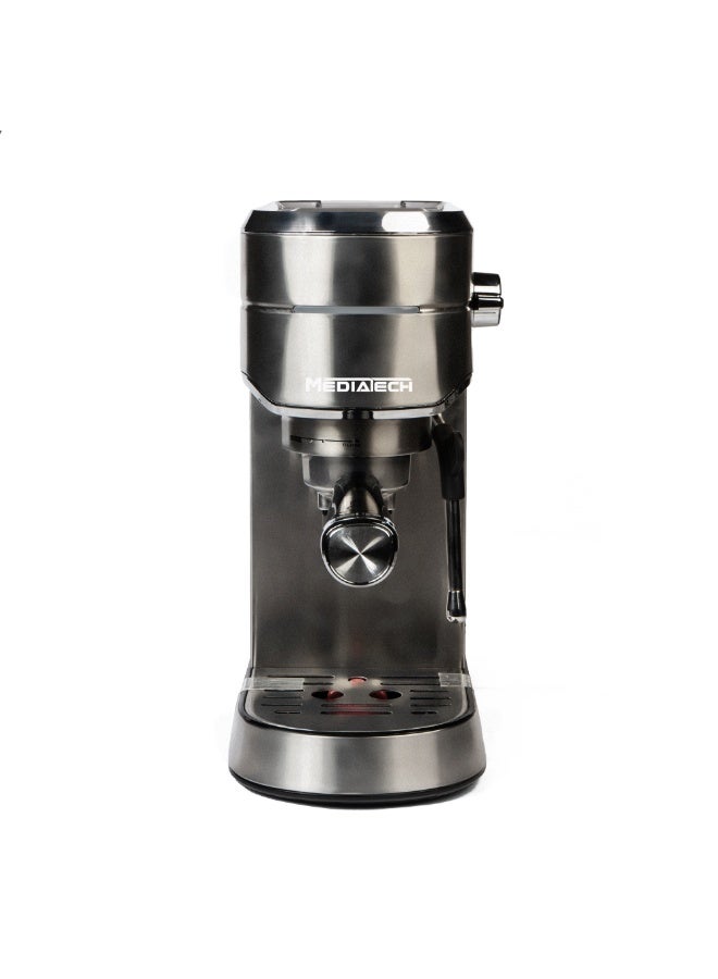 MediaTech Iron Man Espresso machine, A fast-heating 1450W espresso machine with barista-level extraction, powerful steam wand, auto flow stop, large 1.25L tank, safety protection, easy-clean design, and single/double shot filters for perfect coffee at home.