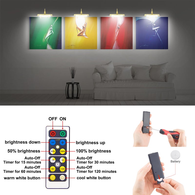LUXSWAY إطار صور لاسلكي LUXSWAY مع إضاءة LED، إضاءة عرض فنية قابلة لإعادة الشحن، مصباح إضاءة فوق اللوحات مع جهاز تحكم عن بعد، مصباح فني برأس مرن، 28 LED 3 أوضاع إضاءة 200LM-ذهبي - Image 4
