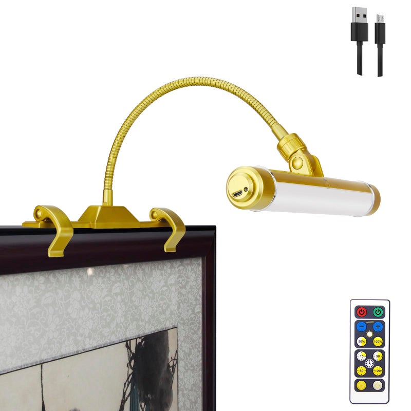 LUXSWAY إطار صور لاسلكي LUXSWAY مع إضاءة LED، إضاءة عرض فنية قابلة لإعادة الشحن، مصباح إضاءة فوق اللوحات مع جهاز تحكم عن بعد، مصباح فني برأس مرن، 28 LED 3 أوضاع إضاءة 200LM-ذهبي - Image 1
