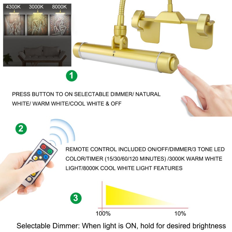 LUXSWAY إطار صور لاسلكي LUXSWAY مع إضاءة LED، إضاءة عرض فنية قابلة لإعادة الشحن، مصباح إضاءة فوق اللوحات مع جهاز تحكم عن بعد، مصباح فني برأس مرن، 28 LED 3 أوضاع إضاءة 200LM-ذهبي - Image 3