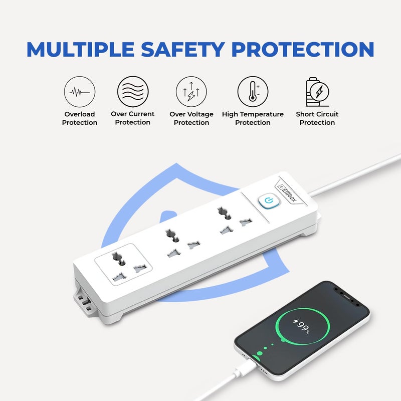 EMBOX لوحة تمديد مع مفاتيح 1500 واط، 3 مقابس عالمية، مفتاح رئيسي، واقي من ارتفاع التيار 6 أمبير، مؤشر LED وغطاء أمان (3 مقابس) - Image 2