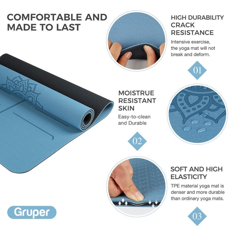 Gruper Yoga Mat Non Slip TPE Thick Yoga Mat with Alignment Mark, Large Size 72"L x 32"W x 0.32"Th or 0.24"Th, Anti-Tear Exercise & Fitness Mat for Yoga, Pilates & Floor Workouts (Blue Black, Thickness-8mm) - Image 5