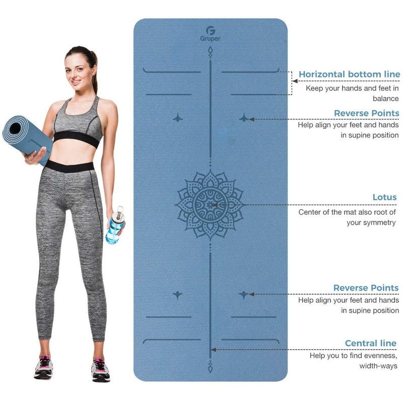 Gruper Yoga Mat Non Slip TPE Thick Yoga Mat with Alignment Mark, Large Size 72"L x 32"W x 0.32"Th or 0.24"Th, Anti-Tear Exercise & Fitness Mat for Yoga, Pilates & Floor Workouts (Blue Black, Thickness-8mm) - Image 2