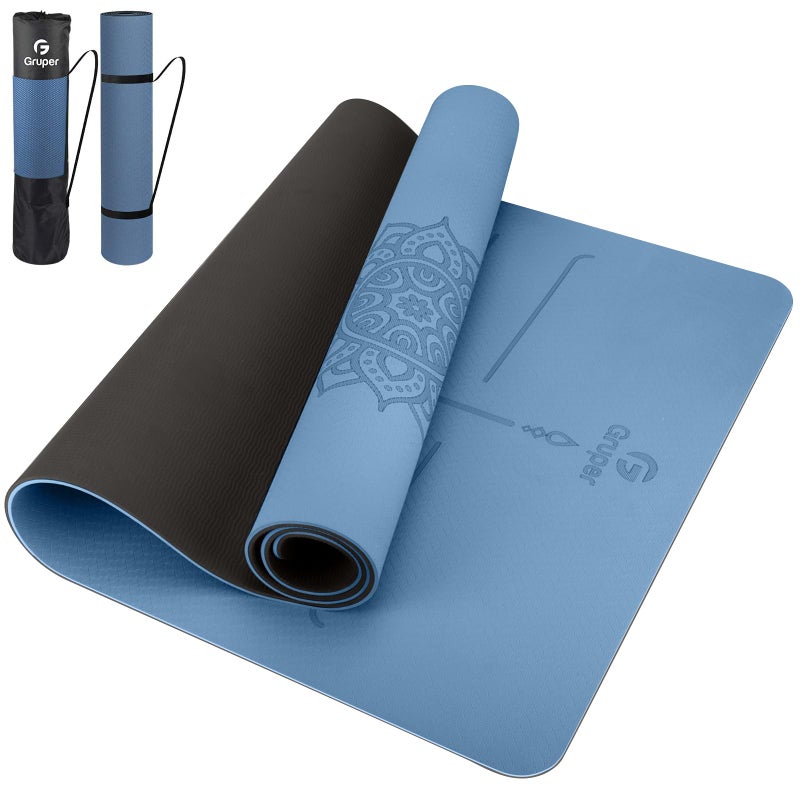 Gruper Yoga Mat Non Slip TPE Thick Yoga Mat with Alignment Mark, Large Size 72"L x 32"W x 0.32"Th or 0.24"Th, Anti-Tear Exercise & Fitness Mat for Yoga, Pilates & Floor Workouts (Blue Black, Thickness-8mm) - Image 1