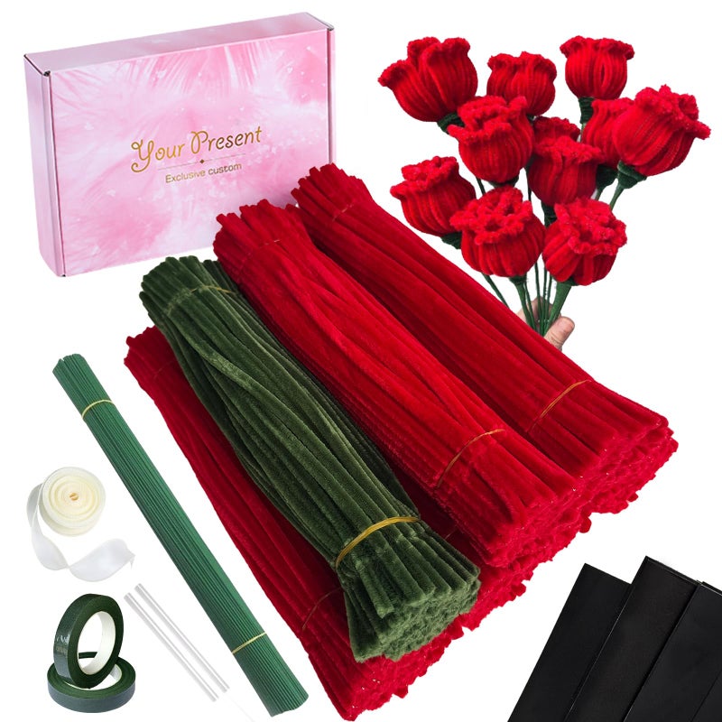 QABCYTA DIY Rose Making Kit 700 PCS Chenille Stems - Red Green Pipe Cleaners Craft Supplies with Floral Tools for Handmade Bouquet & Art Projects - Image 3