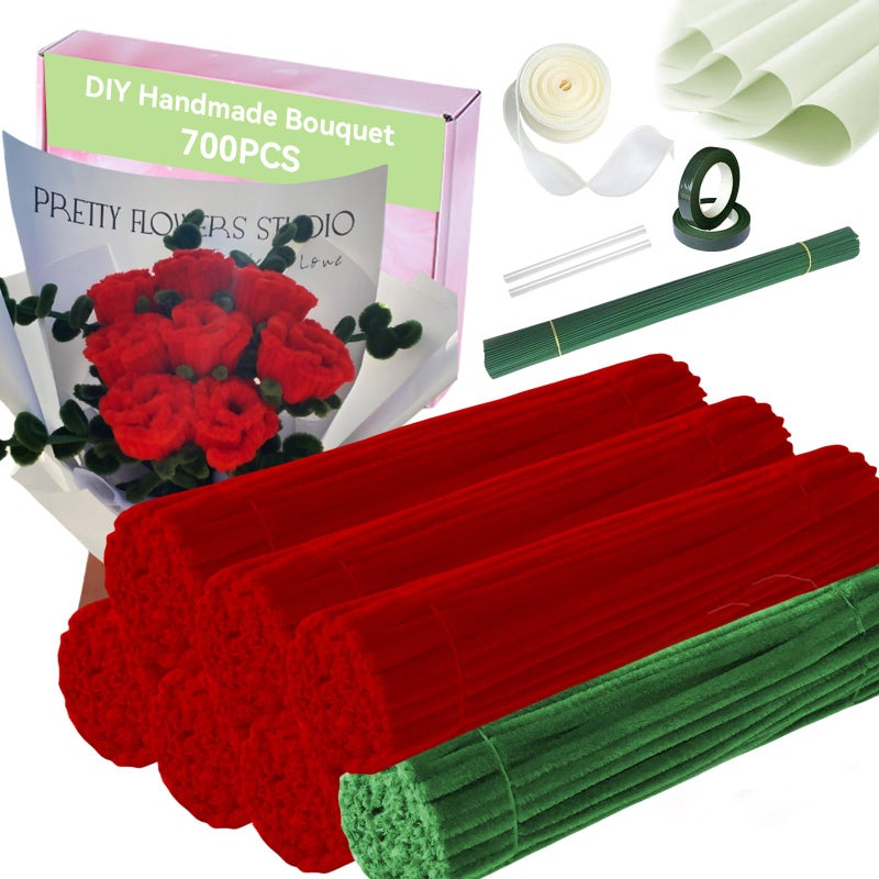 QABCYTA DIY Rose Making Kit 700 PCS Chenille Stems - Red Green Pipe Cleaners Craft Supplies with Floral Tools for Handmade Bouquet & Art Projects - Image 1