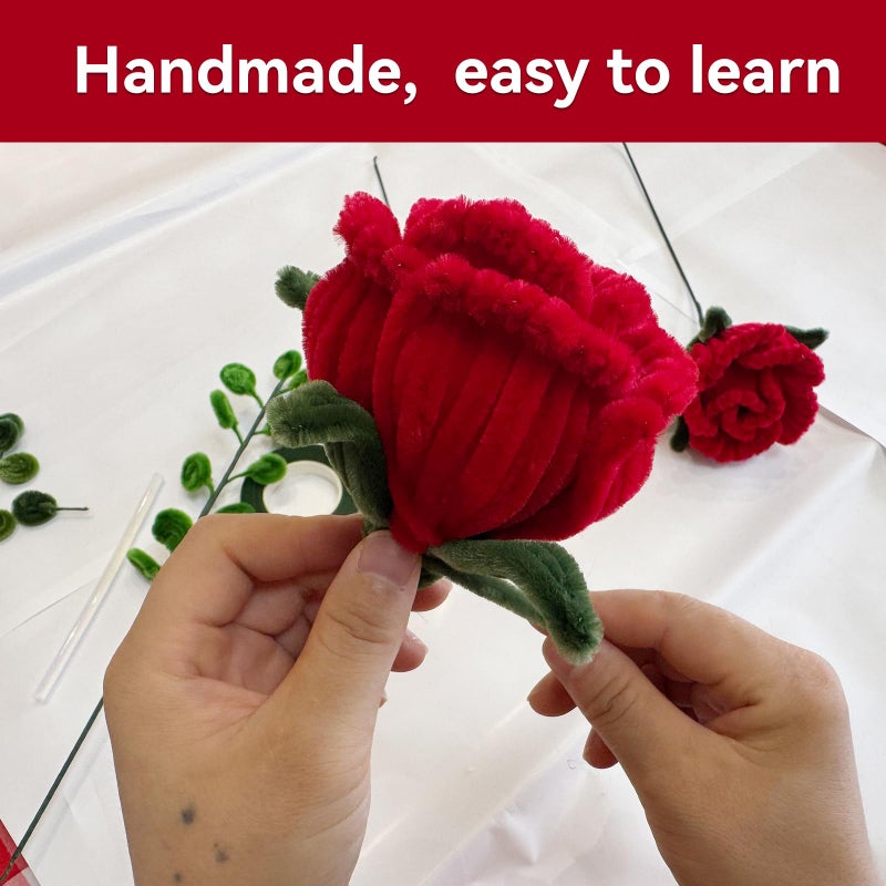 QABCYTA DIY Rose Making Kit 700 PCS Chenille Stems - Red Green Pipe Cleaners Craft Supplies with Floral Tools for Handmade Bouquet & Art Projects - Image 5