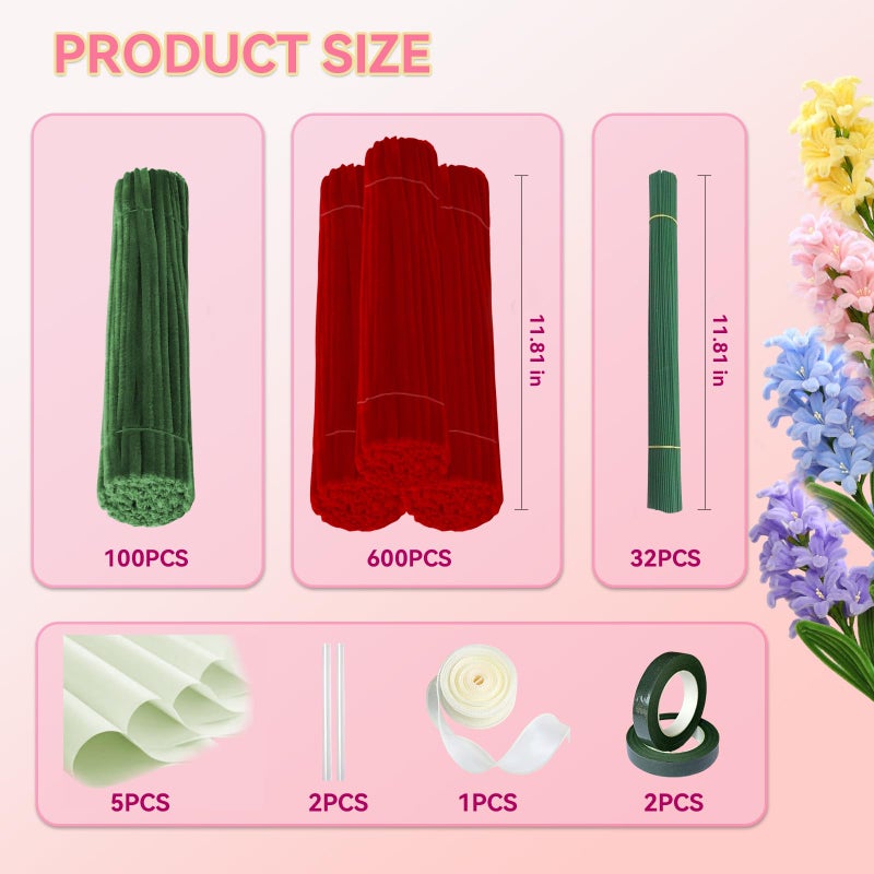 QABCYTA DIY Rose Making Kit 700 PCS Chenille Stems - Red Green Pipe Cleaners Craft Supplies with Floral Tools for Handmade Bouquet & Art Projects - Image 2