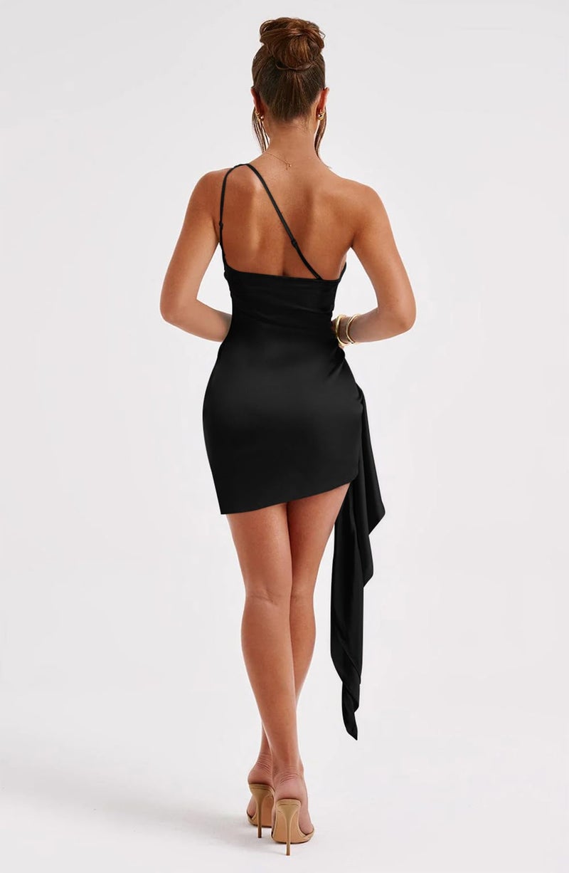 Memoriesea Women's Satin One Shoulder Ruched Bodycon Sleeveless Mini Club Party Dress Black - Image 4