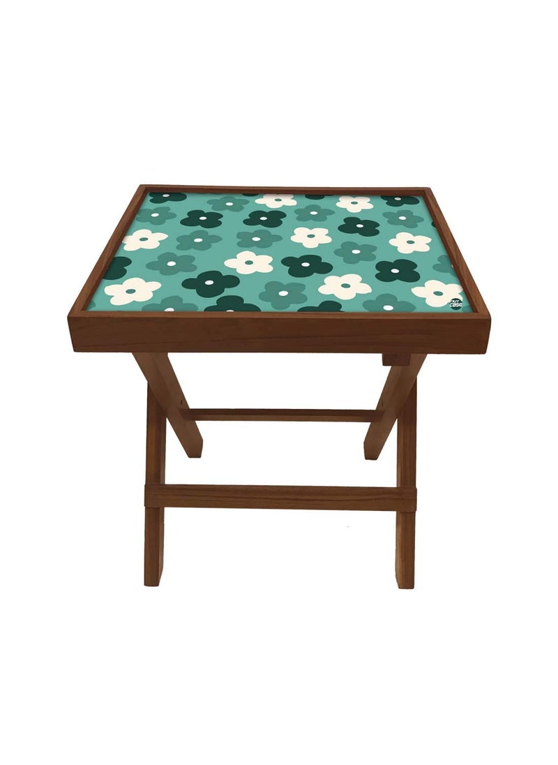 Nutcase Nutcase Designer Teak Wood Side Table Folding Wooden Bedside Coffee Outdoor Picnic Table Cute Flower Green  - Image 1