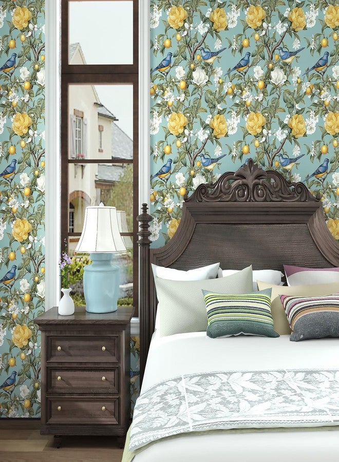 Danodoi Blue Bird Wallpaper Peel and Stick Wallpaper Lemon Tree Wallpaper Green Floral Contact Paper for Cabinets Waterproof Self Adhesive Wall Paper for Kitchen Countertop Wall 17.5" x 118.1" - Image 2