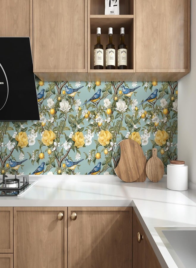 Danodoi Blue Bird Wallpaper Peel and Stick Wallpaper Lemon Tree Wallpaper Green Floral Contact Paper for Cabinets Waterproof Self Adhesive Wall Paper for Kitchen Countertop Wall 17.5" x 118.1" - Image 3