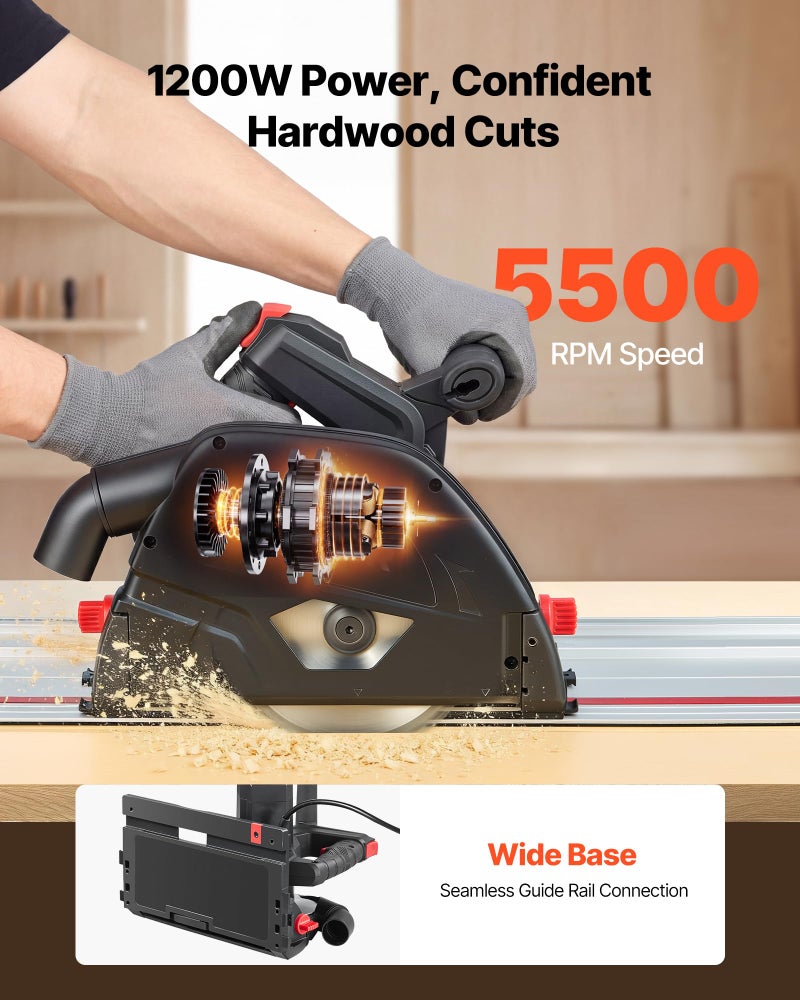 VEVOR Track Saw, 6-1/2-Inch, Plunge-Cut Circular Saw Kit, Tracksaw with 48-Tooth Carbide-Tipped Blade, 0-45Â° Angle Adjustment, 2.16 in Cutting Depth, for Wood, Plastic, Guide Rail Not Included, Black - Image 4