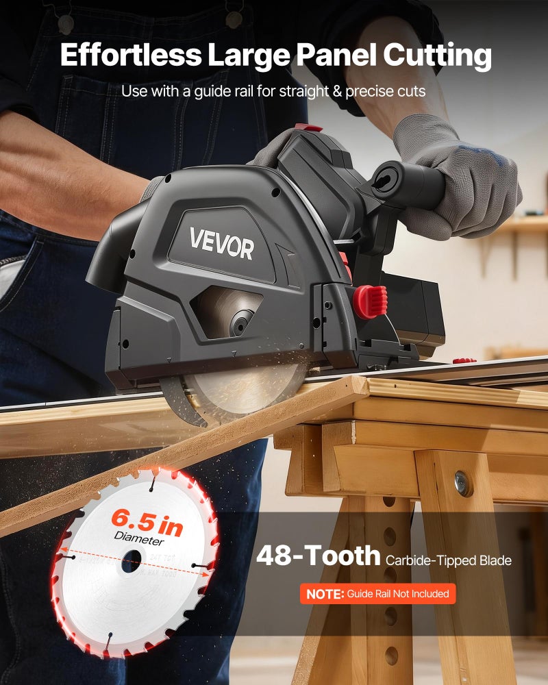 VEVOR Track Saw, 6-1/2-Inch, Plunge-Cut Circular Saw Kit, Tracksaw with 48-Tooth Carbide-Tipped Blade, 0-45Â° Angle Adjustment, 2.16 in Cutting Depth, for Wood, Plastic, Guide Rail Not Included, Black - Image 2