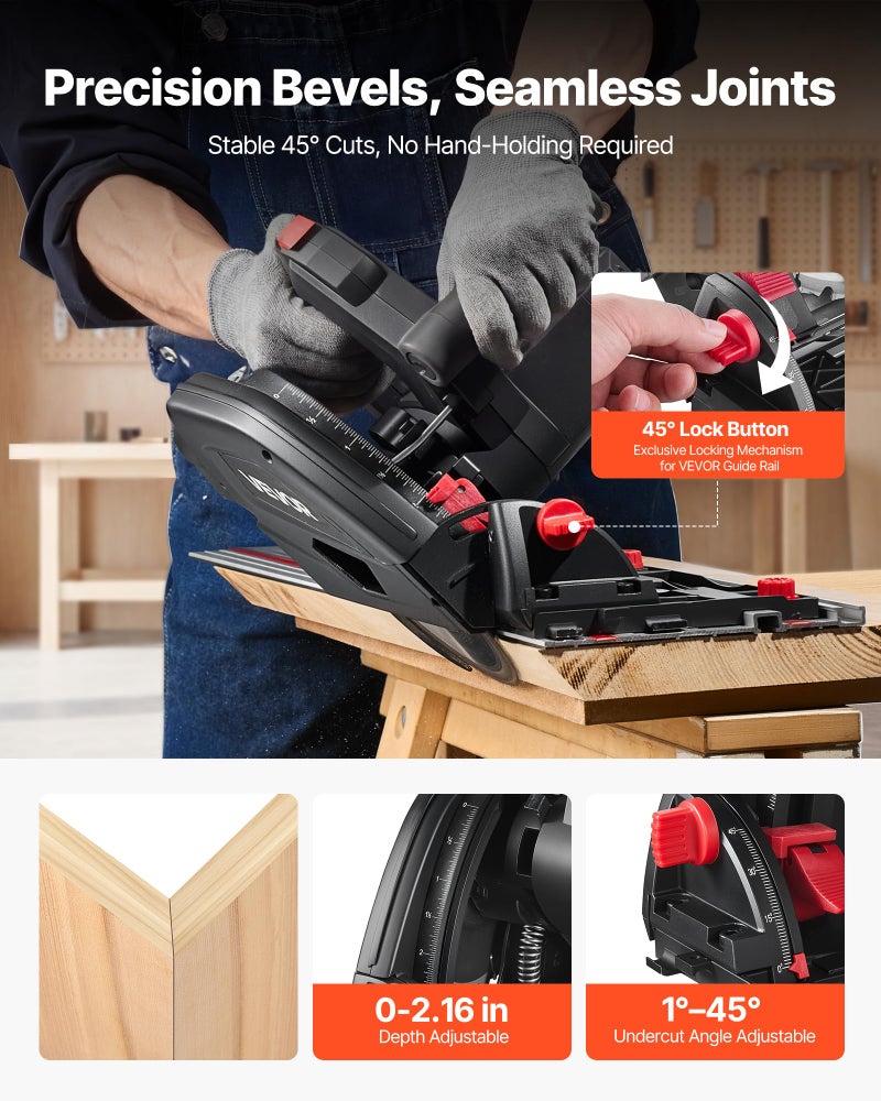 VEVOR Track Saw, 6-1/2-Inch, Plunge-Cut Circular Saw Kit, Tracksaw with 48-Tooth Carbide-Tipped Blade, 0-45Â° Angle Adjustment, 2.16 in Cutting Depth, for Wood, Plastic, Guide Rail Not Included, Black - Image 5