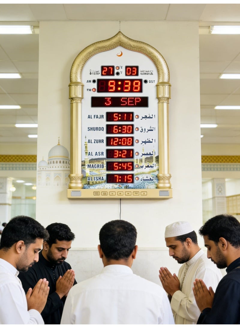 ساعة حائط إسلامية رقمية LED، ساعة حائط لعرض أوقات الصلاة في المسجد، ساعة مسجد مع أذان كامل (ذهبية) 25X5X40cm - Image 3
