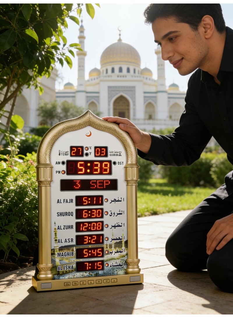ساعة حائط إسلامية رقمية LED، ساعة حائط لعرض أوقات الصلاة في المسجد، ساعة مسجد مع أذان كامل (ذهبية) 25X5X40cm - Image 5