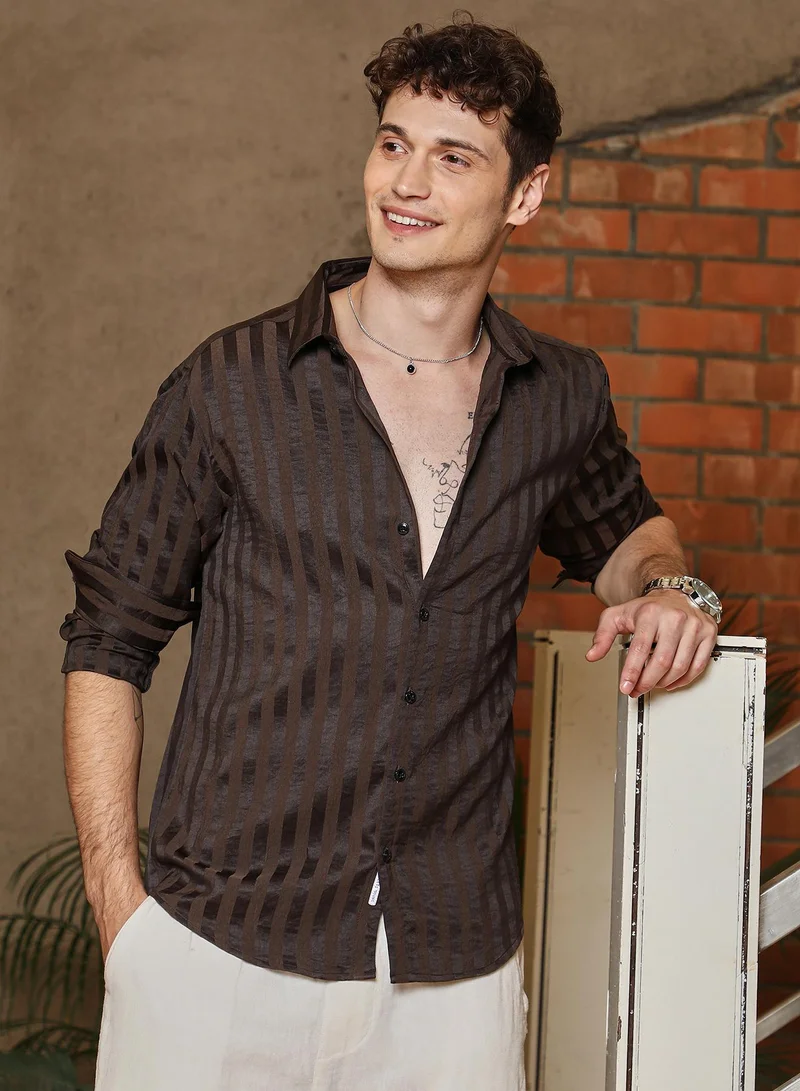 Campus Sutra Men's Coffee Brown Candy-Striped Shirt