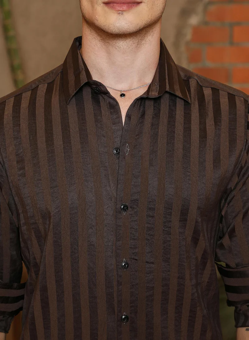 CAHOOT  Men's Coffee Brown Candy-Striped Shirt for Men | Best Price UAE