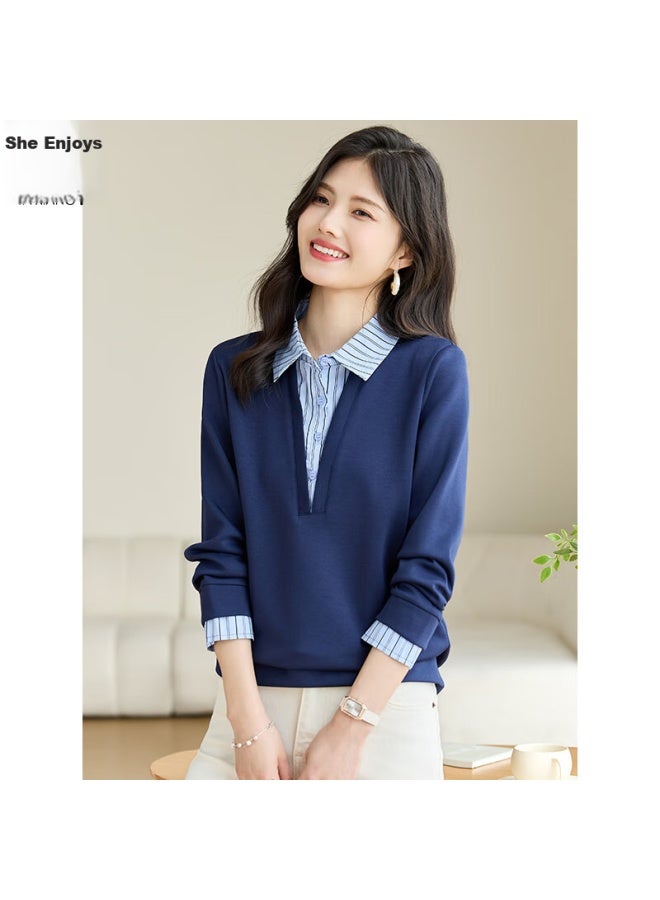 She enjoys Sheen Women's Fake Two-piece Shirt Collar Patchwork Striped Casual Fashion All-match Pullover T141w1668 - Image 4