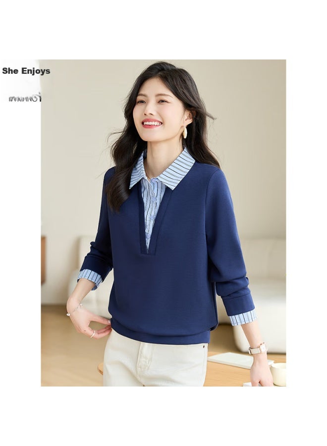 She enjoys Sheen Women's Fake Two-piece Shirt Collar Patchwork Striped Casual Fashion All-match Pullover T141w1668 - Image 3