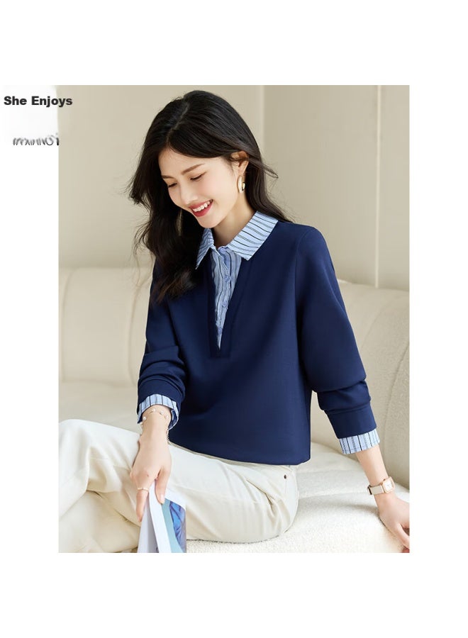 She enjoys Sheen Women's Fake Two-piece Shirt Collar Patchwork Striped Casual Fashion All-match Pullover T141w1668 - Image 2
