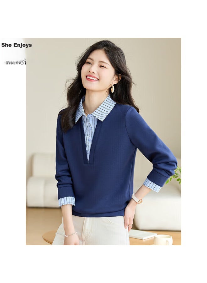 She enjoys Sheen Women's Fake Two-piece Shirt Collar Patchwork Striped Casual Fashion All-match Pullover T141w1668 - Image 1