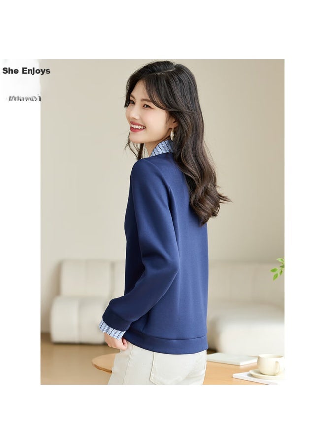 She enjoys Sheen Women's Fake Two-piece Shirt Collar Patchwork Striped Casual Fashion All-match Pullover T141w1668 - Image 5