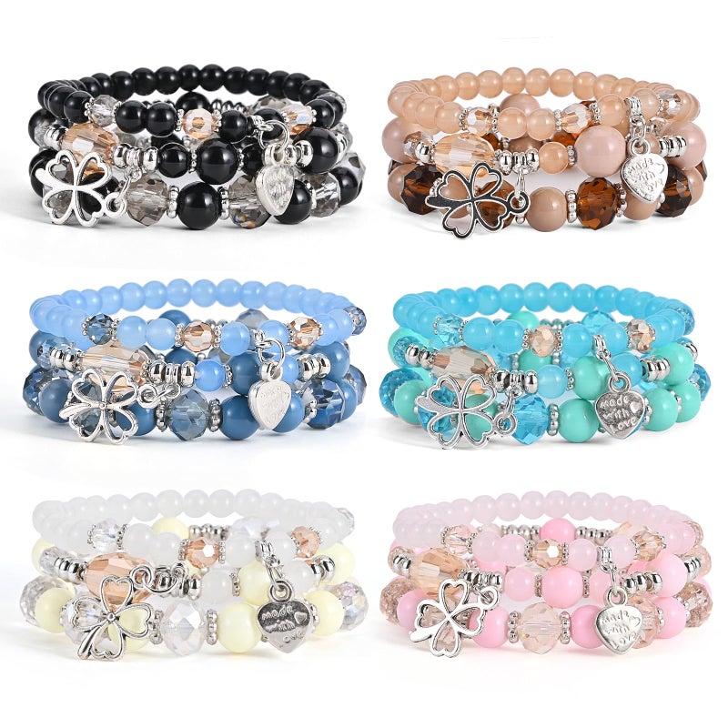VONRU Bohemian Bracelet Sets for Women - 6 Sets Stackable Stretch Bracelets Multi-color Boho Jewelry for Women Hippie Bracelets Dainty Jewelry (Lucky grass stretch bracelet) - Image 1