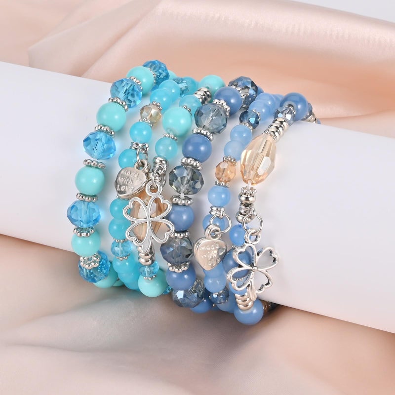 VONRU Bohemian Bracelet Sets for Women - 6 Sets Stackable Stretch Bracelets Multi-color Boho Jewelry for Women Hippie Bracelets Dainty Jewelry (Lucky grass stretch bracelet) - Image 5