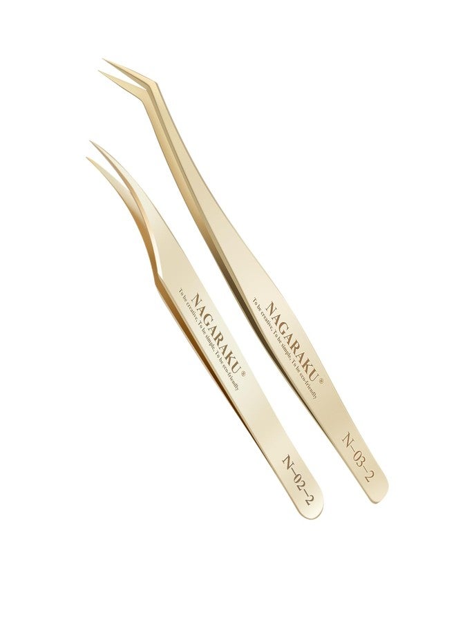 NAGARAKU Eyelash Extension Tweezers Gold Straight Curved Angled Long tip Volume Cluster Light Weight Easy Fanning Tweezer Stainless Steel Precision 1 Pair Lash Applicator Tool (N-02-2 & N-03-2) - Image 1