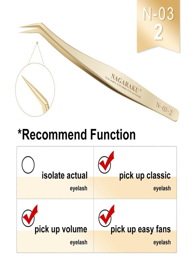 NAGARAKU Eyelash Extension Tweezers Gold Straight Curved Angled Long tip Volume Cluster Light Weight Easy Fanning Tweezer Stainless Steel Precision 1 Pair Lash Applicator Tool (N-02-2 & N-03-2) - Image 5