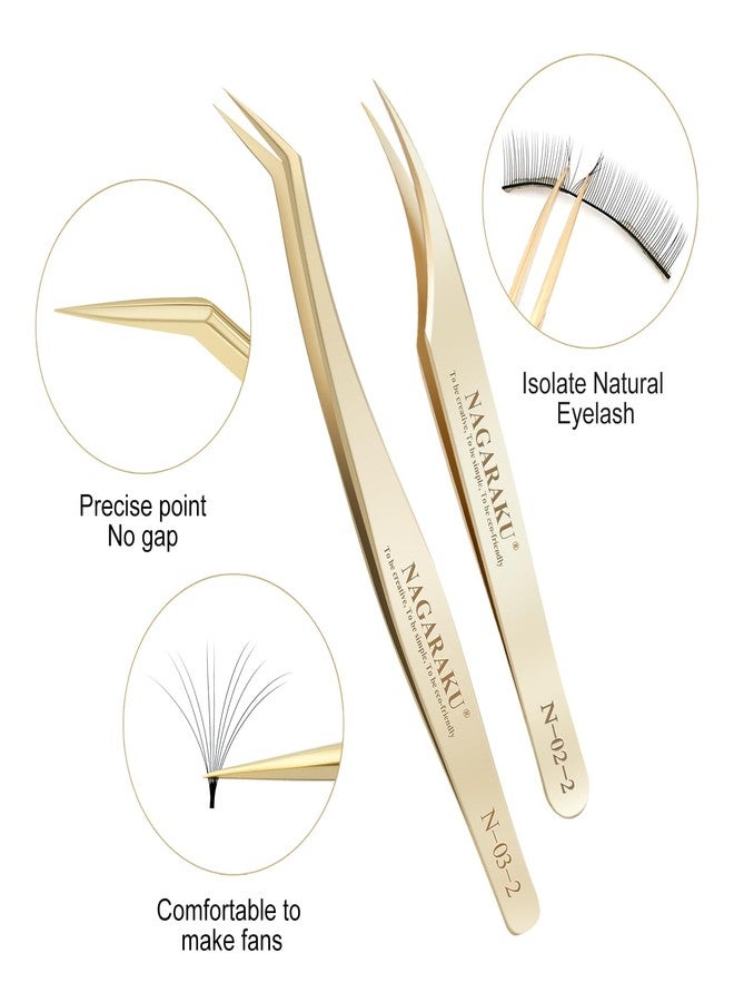 NAGARAKU Eyelash Extension Tweezers Gold Straight Curved Angled Long tip Volume Cluster Light Weight Easy Fanning Tweezer Stainless Steel Precision 1 Pair Lash Applicator Tool (N-02-2 & N-03-2) - Image 2