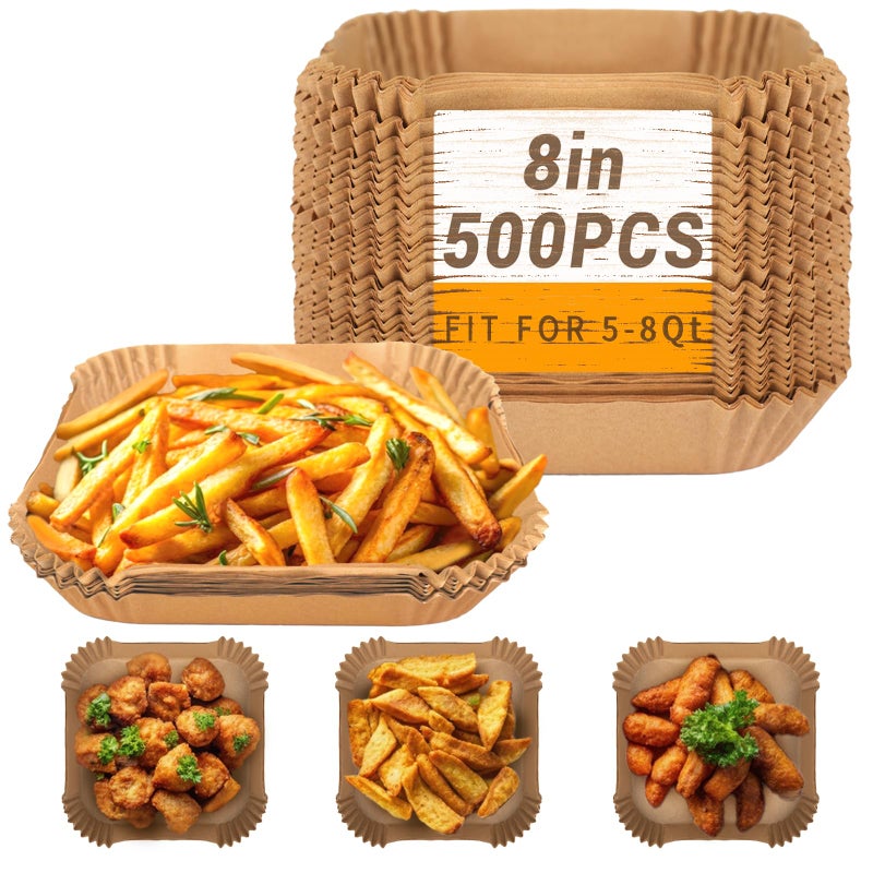 500Pcs Air Fryer Paper Liners 8 Square Disposable Parchment Paper Liner for 58 QT Air Fryer NonStick Oil Proof Unbleached Airfryer for Baking Roasting Microwave