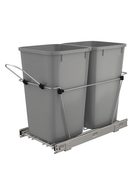 RevAShelf Pullout Trash Can for Kitchen Cabinets 27 Qt Garbage Waste Recycling Bin wFull Extension Slide Metallic Silver RV15KD17C S