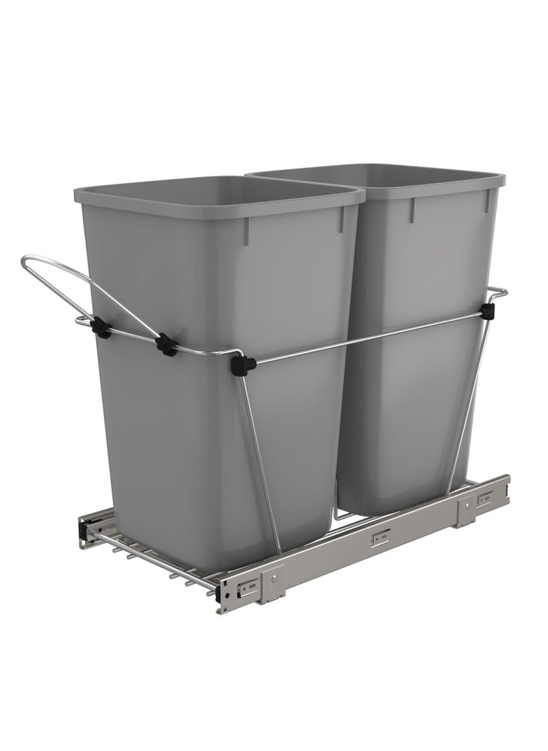 Rev-A-Shelf RevAShelf Pullout Trash Can for Kitchen Cabinets 27 Qt Garbage Waste Recycling Bin wFull Extension Slide Metallic Silver RV15KD17C S 