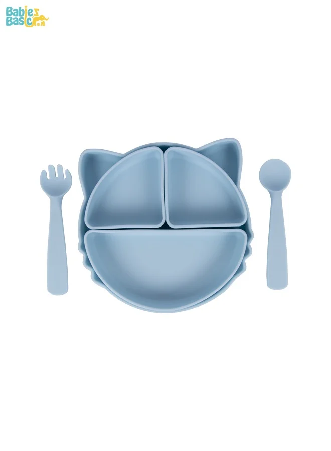 Babies Basic Feeding Set With Removable Sections , 3 Piece, Silicone Set For Self Feeding, Learning & Fine Motor Skills Soft, Easy To Grip,Silicone Suction Plate With Silicone Spoon And Fork- Blue