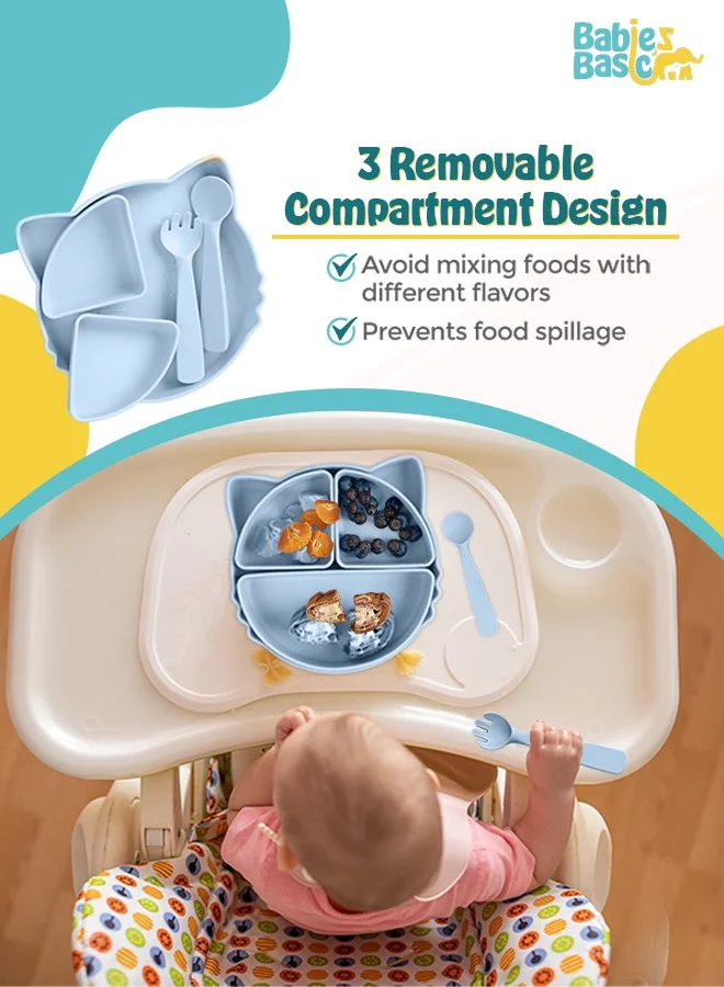 Babies Basic Feeding Set With Removable Sections , 3 Piece, Silicone Set For Self Feeding, Learning & Fine Motor Skills Soft, Easy To Grip,Silicone Suction Plate With Silicone Spoon And Fork- Blue