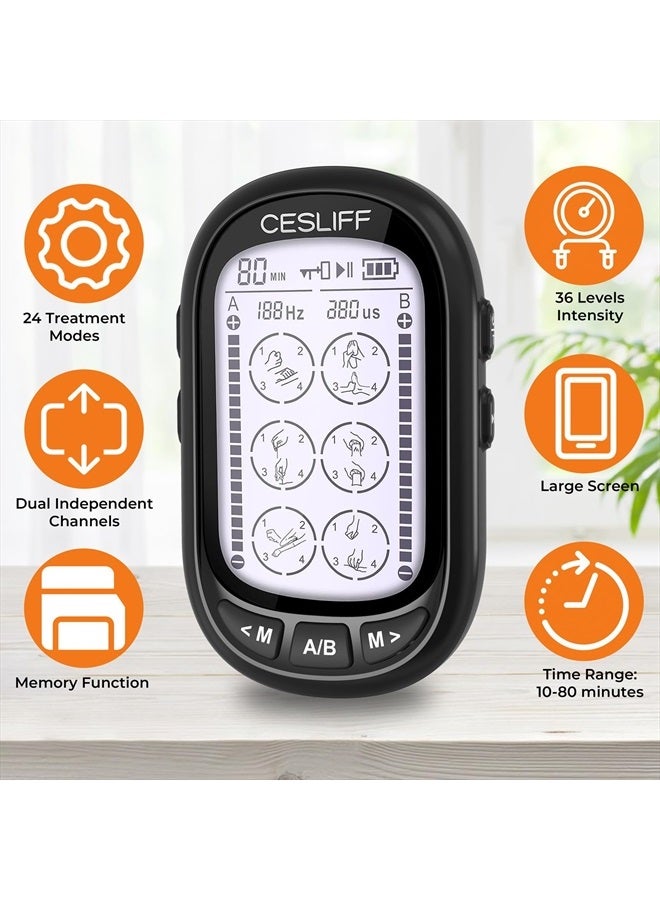 CESLIFF جهاز TENS EMS ثنائي القناة بشاشة كبيرة 24 وضع 36 مستوى شدة لتحفيز العضلات، جهاز تدليك كهربائي قابل لإعادة الشحن لتخفيف آلام أسفل الظهر والرقبة والكتف مع 10 لاصقات - Image 4