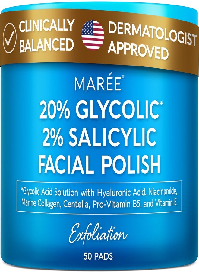 MAREE Glycolic Acid Pads & 2% Salicylic Acid – Toner Pads for Face with 20% Glycolic Acid Solution – Face Exfoliating Pads, Acne Clearing Face Pads – Skin Pore Resurfacing & Radiance Device – 50 Count - Image 1