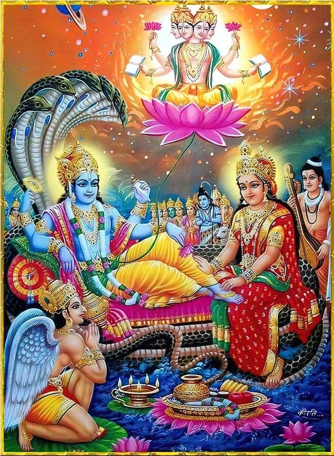 wallpics Lord Vishnu with Lakshmi on Sheshnaga Religious Painting Poster Photo Paper for Home Decor (13X19 inch) || ps1817 - Image 1
