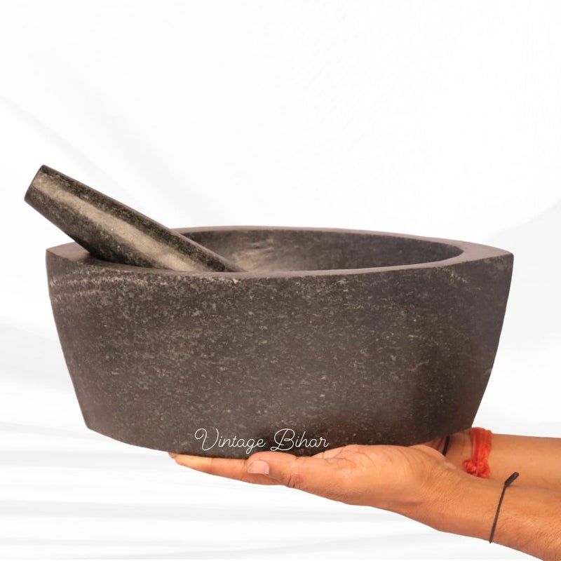 VintageBihar Hansraj Stone Mortar and Pestle Set Boat Shape Khalbatta Silbatta for Kitchen Kharal for Spices Herbs and Chutneys Length 10 Inch - Image 3