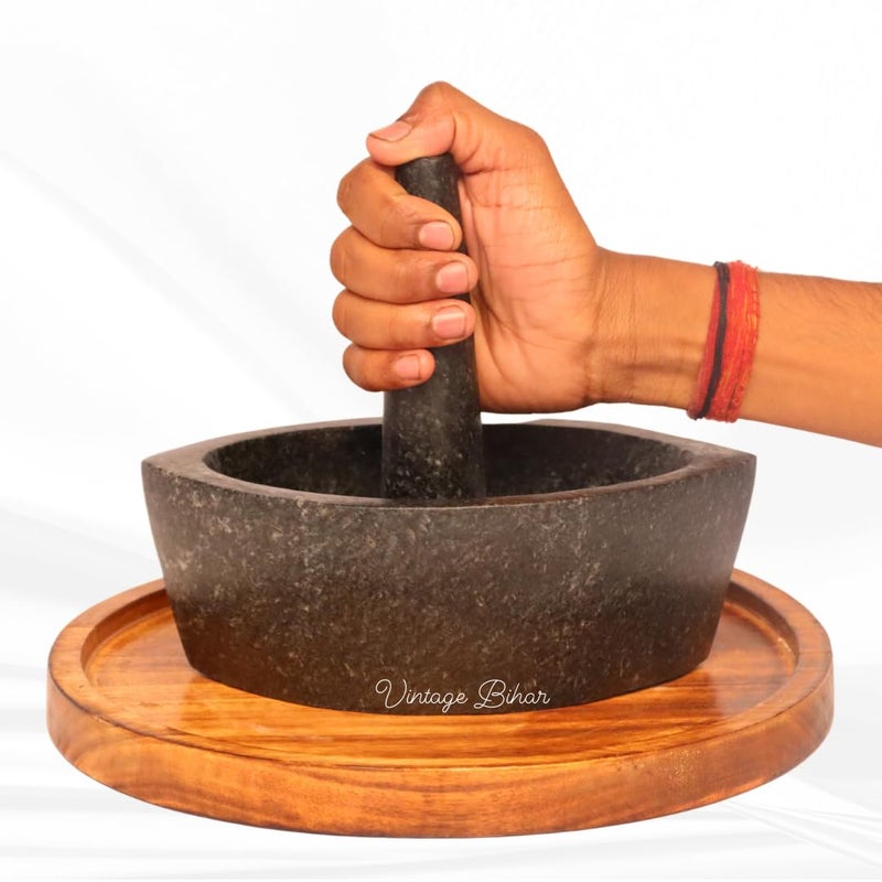 VintageBihar Hansraj Stone Mortar and Pestle Set Boat Shape Khalbatta Silbatta for Kitchen Kharal for Spices Herbs and Chutneys Length 10 Inch - Image 1