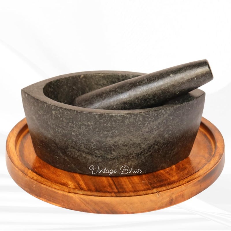 VintageBihar Hansraj Stone Mortar and Pestle Set Boat Shape Khalbatta Silbatta for Kitchen Kharal for Spices Herbs and Chutneys Length 10 Inch - Image 2