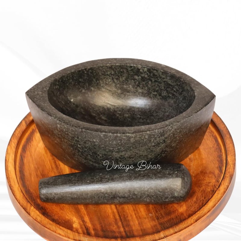 VintageBihar Hansraj Stone Mortar and Pestle Set Boat Shape Khalbatta Silbatta for Kitchen Kharal for Spices Herbs and Chutneys Length 10 Inch - Image 4